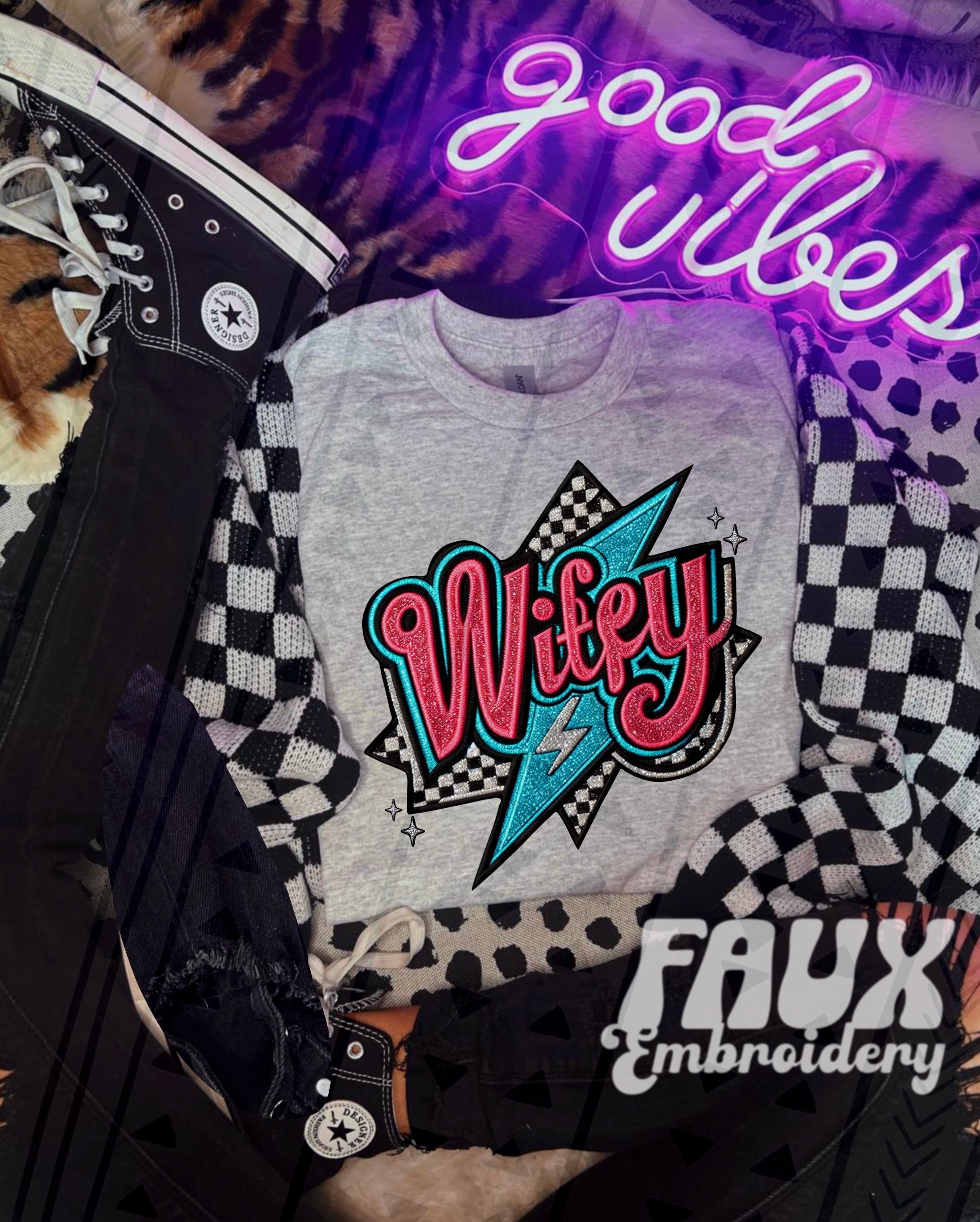 Checkered Retro Wifey DTF Transfer – Three Girls Grace