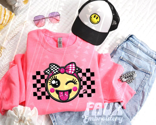 Pink Retro Checkered Smiley DTF Transfer